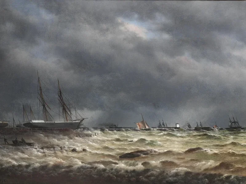 1821-Peder Nielsen Foss - Marina con navi, cielo tempestoso